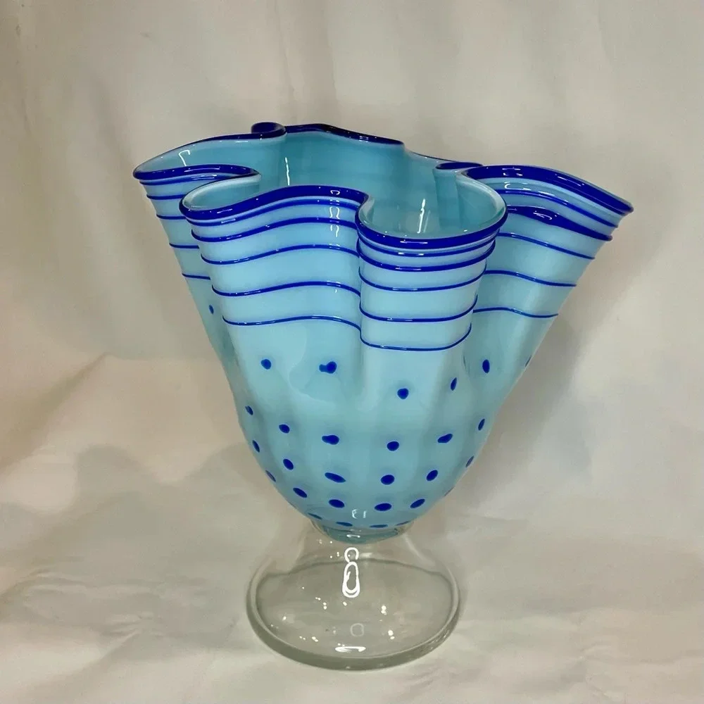 Blue Polka Dot & Stripped Blown Glass Fluted Ruffle Vase Handmade Unique